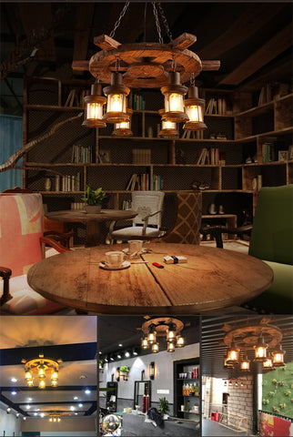 Image of Antique Industrial Retro Wood LED Ceiling Chandelier