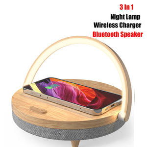 Multifunction Wooden Table Lamp Wireless Charger Bluetooth Speaker