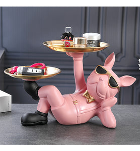 Resin Decor BullDog Statue Butler with Tray for Storage