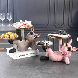 Resin Decor BullDog Statue Butler with Tray for Storage