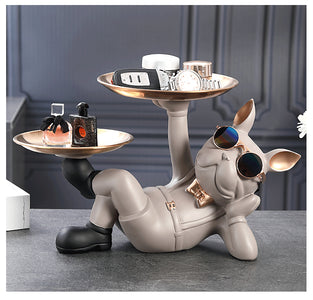 Resin Decor BullDog Statue Butler with Tray for Storage