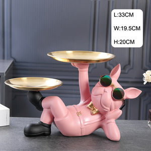 Resin Decor BullDog Statue Butler with Tray for Storage