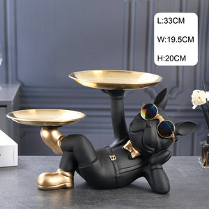 Resin Decor BullDog Statue Butler with Tray for Storage