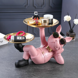 Resin Decor BullDog Statue Butler with Tray for Storage