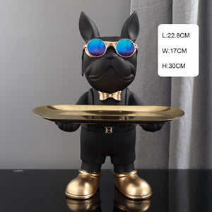 Resin Decor BullDog Statue Butler with Tray for Storage
