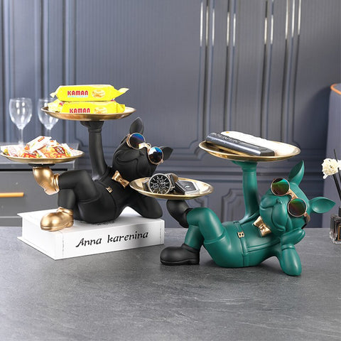 Image of Resin Decor BullDog Statue Butler with Tray for Storage