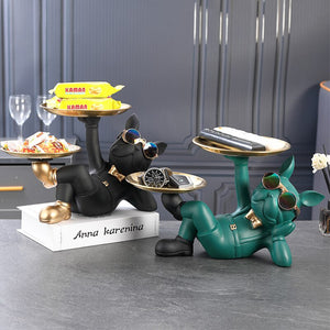 Resin Decor BullDog Statue Butler with Tray for Storage