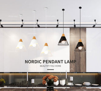 Wooden Base Iron Cage Hanging Nordic Lamp
