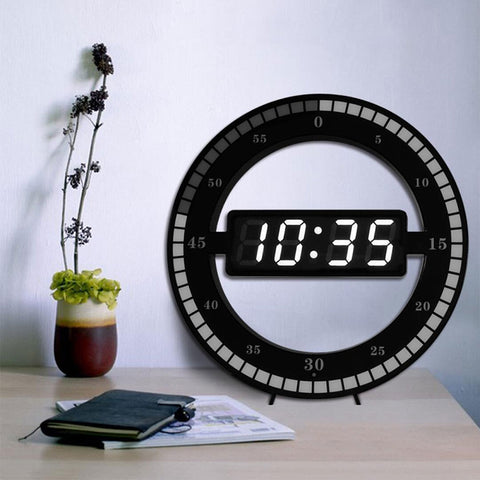 Image of Hanging Wall Clock Black Circle Automatically Adjust Brightness Digital Led Display