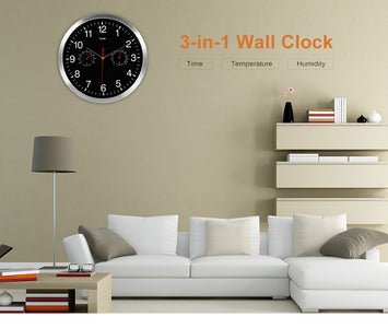 Metal Silent Quartz Wall Clock Quiet Sweep Movement Thermometer Hygrometer