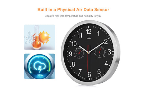 Image of Metal Silent Quartz Wall Clock Quiet Sweep Movement Thermometer Hygrometer