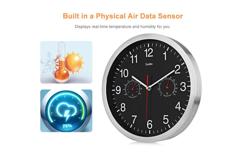 Metal Silent Quartz Wall Clock Quiet Sweep Movement Thermometer Hygrometer