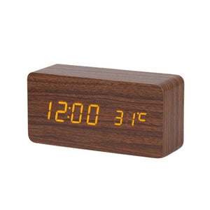 LED Wooden Table Alarm Clock With Voice Control