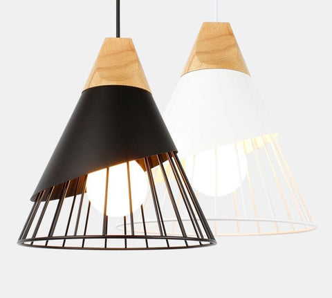 Image of Wooden Base Iron Cage Hanging Nordic Lamp