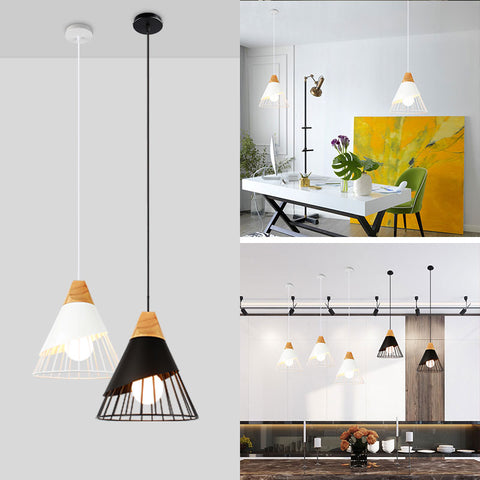 Image of Wooden Base Iron Cage Hanging Nordic Lamp