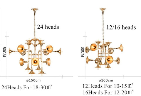 Image of Post-Modern Italy Style Lighting - Trumpet Chandelier - Gold Colored Art, 12/16/24 Heads