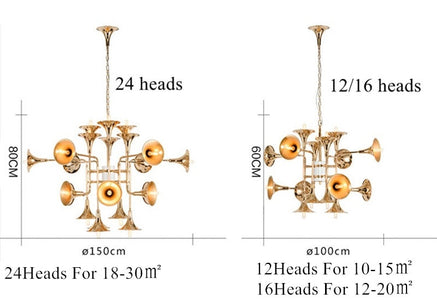 Post-Modern Italy Style Lighting - Trumpet Chandelier - Gold Colored Art, 12/16/24 Heads