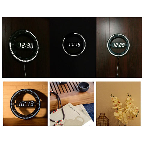 Image of Hanging Wall Clock Black Circle Automatically Adjust Brightness Digital Led Display