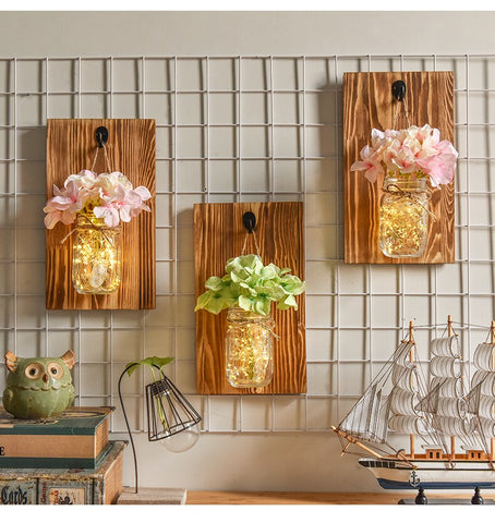 Image of Rustic Mason Jar Wall with LED Fairy Lights & Flowers