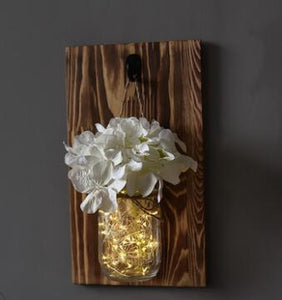 Rustic Mason Jar Wall with LED Fairy Lights & Flowers