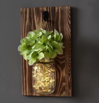 Image of Rustic Mason Jar Wall with LED Fairy Lights & Flowers