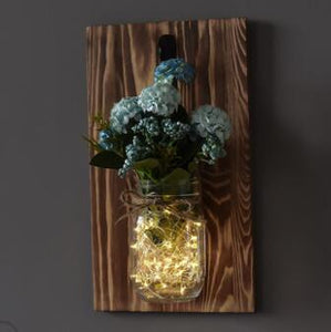 Rustic Mason Jar Wall with LED Fairy Lights & Flowers