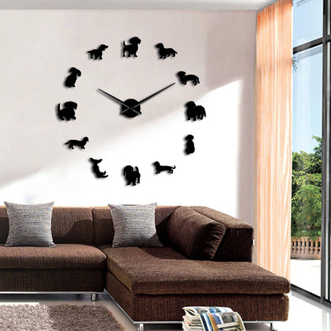 Image of DIY Wall Art Wiener-Dog Puppy Dog Giant Wall Clock With Mirror Effect