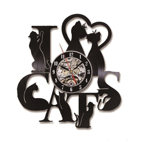 Image of I Love Cats Record Wall Clock Vintage Vinyl Clock Kitten Art Silent 7 Cats