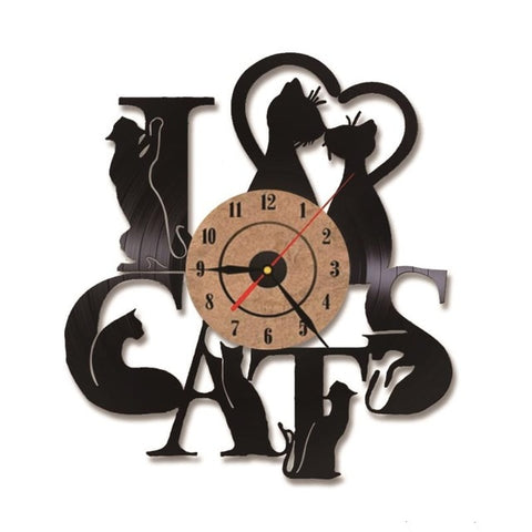 Image of I Love Cats Record Wall Clock Vintage Vinyl Clock Kitten Art Silent 7 Cats