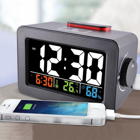 Image of Digital Alarm Clock with Thermometer Hygrometer Humidity Temperature Phone Charger