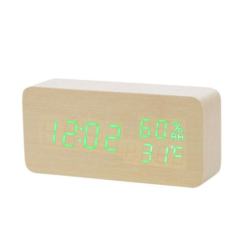 Image of LED Wooden Table Alarm Clock With Voice Control