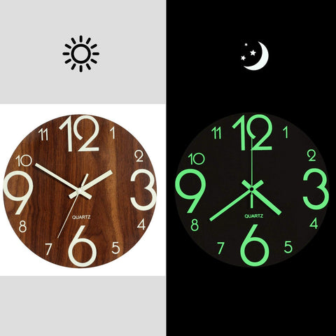 Image of Hot-Luminous Wall Clock 12 Inch Wooden Silent Non-Ticking Wall Clock With Night Lights