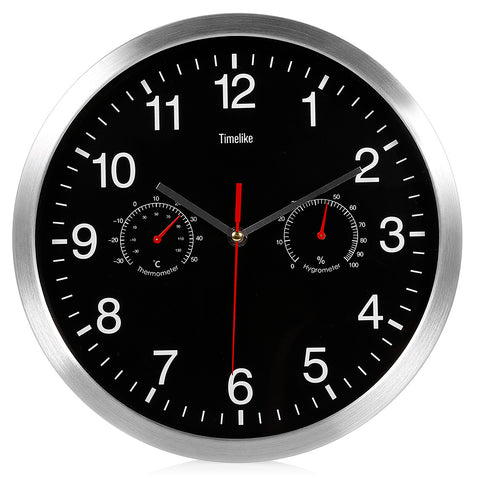 Image of Metal Silent Quartz Wall Clock Quiet Sweep Movement Thermometer Hygrometer