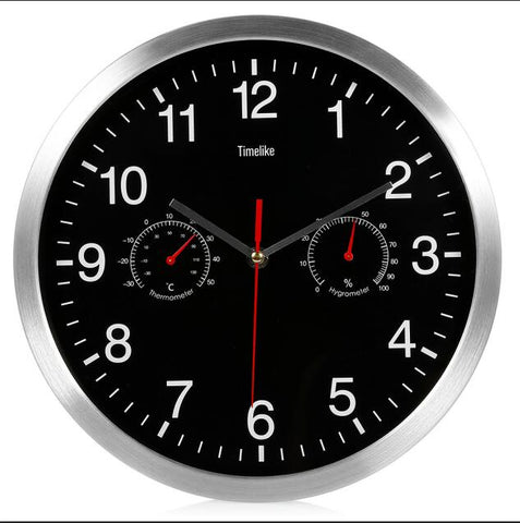 Image of Metal Silent Quartz Wall Clock Quiet Sweep Movement Thermometer Hygrometer